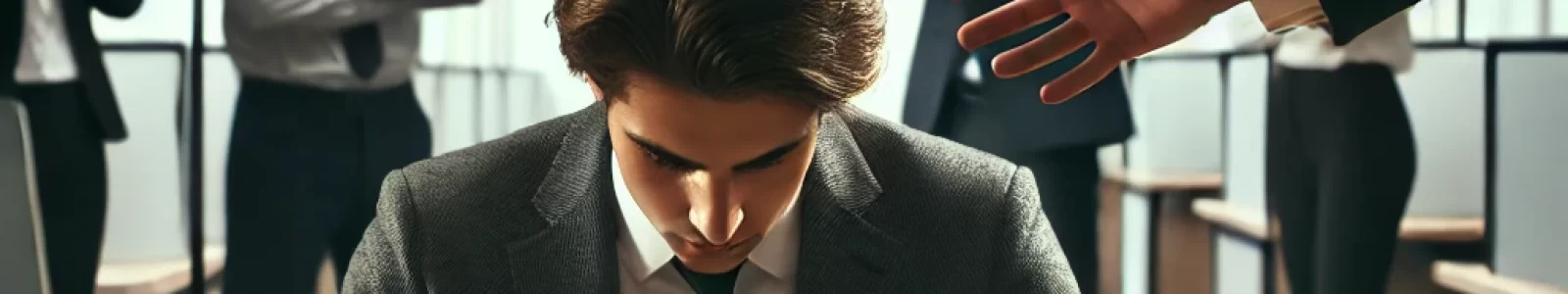 DALL·E 2025-01-02 23.10.59 - A modern office setting in a banking environment, depicting a stressed or uncomfortable worker at their desk, symbolizing the impact of workplace bull