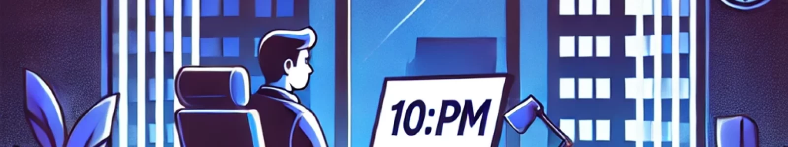 DALL·E 2025-01-03 16.50.21 - An illustration of a nighttime office setting, featuring a worker sitting at a desk in front of a computer. Through the window, the moon and stars are