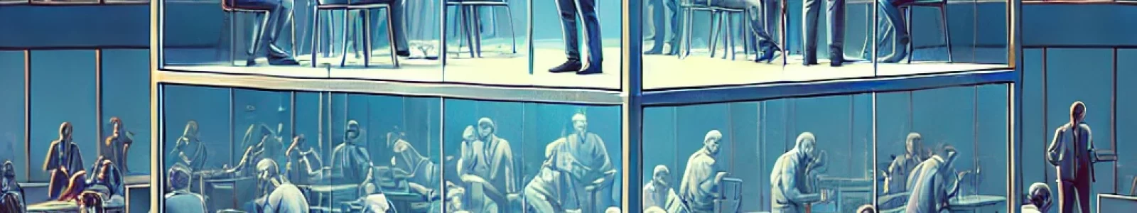 DALL·E 2025-01-03 17.05.43 - A conceptual illustration depicting isolated workers in a glass-walled room ('aquarium') within a workplace. Inside the glass room, employees are seat