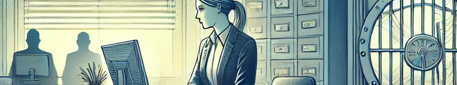 DALL·E 2025-01-03 17.11.21 - An illustration of a bank branch emphasizing an atmosphere of tension and insecurity. The scene features a bank manager seated at her desk with a worr